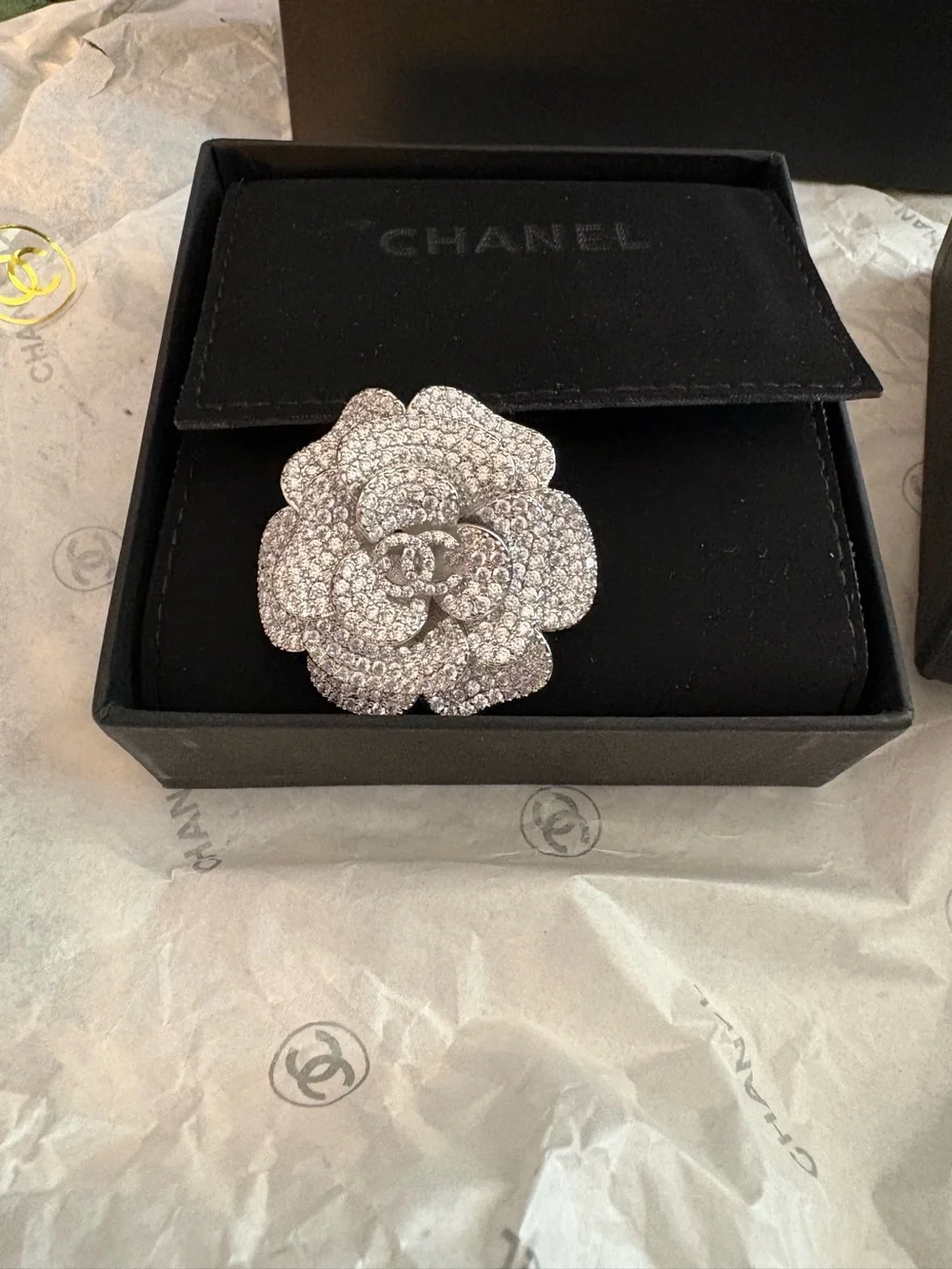 CHANEL Silver Crystal Camellia Brooch - Sparkling Silver